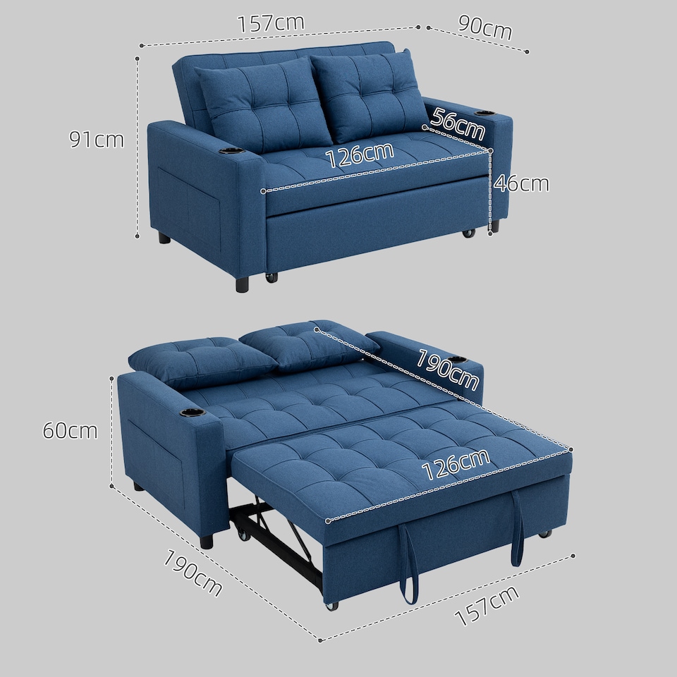 image 1 of HOMCOM 2 Seater Sofa Bed, Linen Click Clack Sleeper Sofa with Pull Out Design, 2 Pillows, Cup Holders, Side Pockets, Convertible Loveseat Bed Settee for Living Room, 157x190cm, Dark Blue