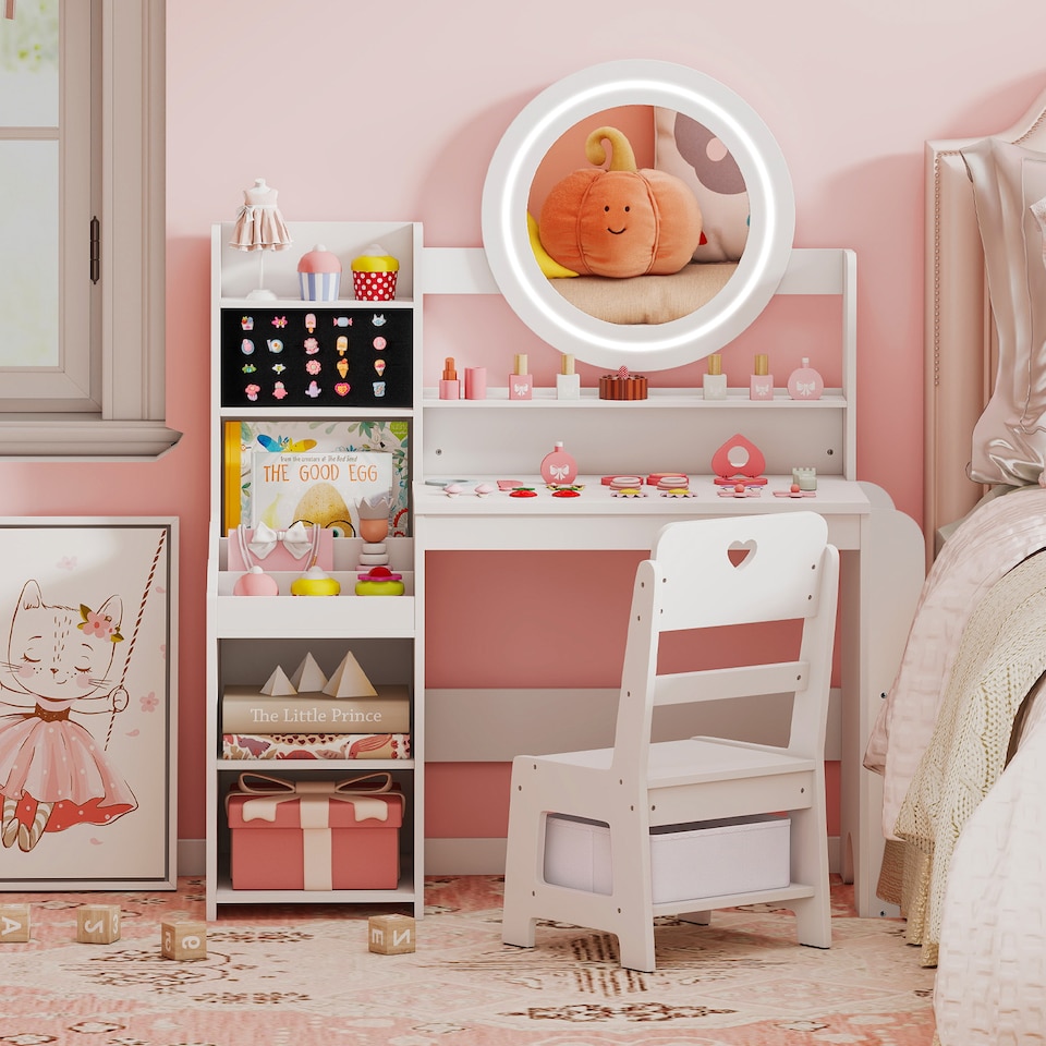image 1 of Costway Princess Pretend Play Dressing Table and Chair Set with Open Storage Shelves Rings Slots and Fabric Drawer