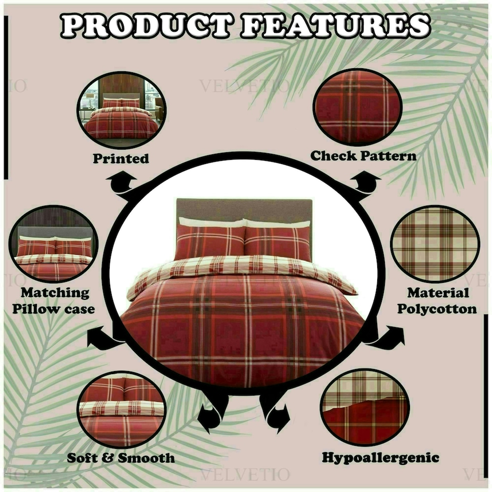image 1 of VELVETIO Bardsley Check Printed Duvet Cover Set Reversible Polycotton Beddings Red | Double