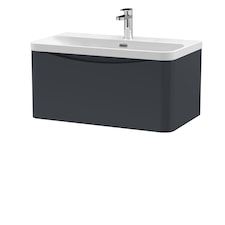Balterley Arch Modern Bathroom Wall Hung 1 Drawer Vanity Unit & Ceramic Basin | Grey | Satin Soft Black
