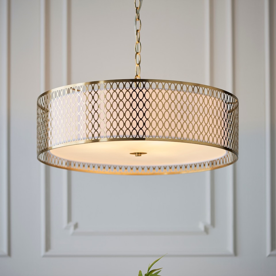 image 1 of Cordero Single Pendant Ceiling Lamp, Gold Effect Plate, White Fabric, Frosted Glass
