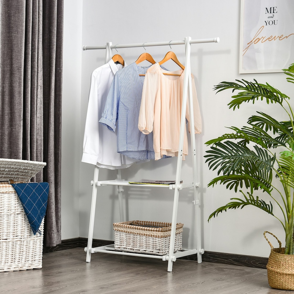 image 1 of HOMCOM 40KG Freestanding Steel Clothes Hanger w/ 2 Shelves Open Wardrobe White