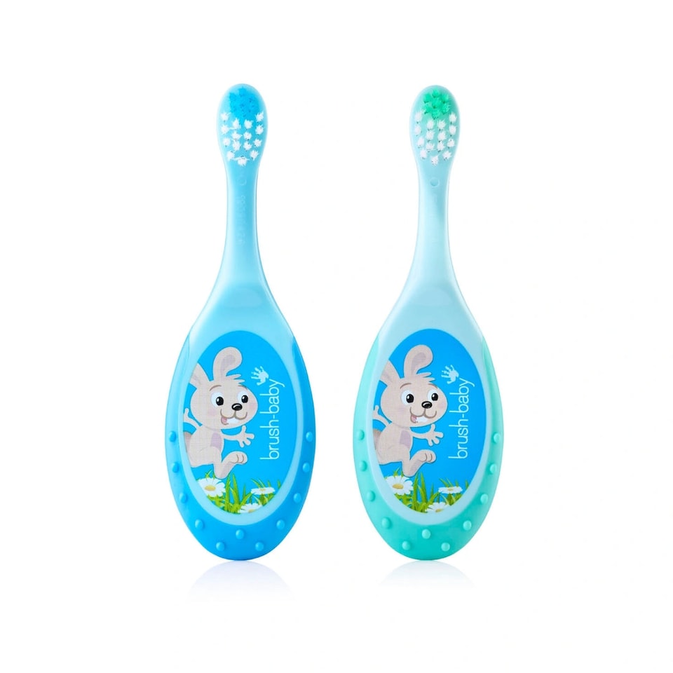 image 1 of Brush Baby FlossBrush™ Baby Bristles Toothbrush (0-3 Years) Double Pack - Blue & Teal
