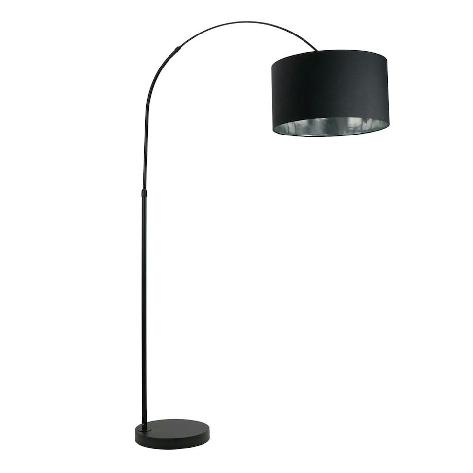 image 1 of ValueLights Louis Black Arched Floor Lamp with Black Drum Metallic Chrome Inner Shade & Bulb | Black