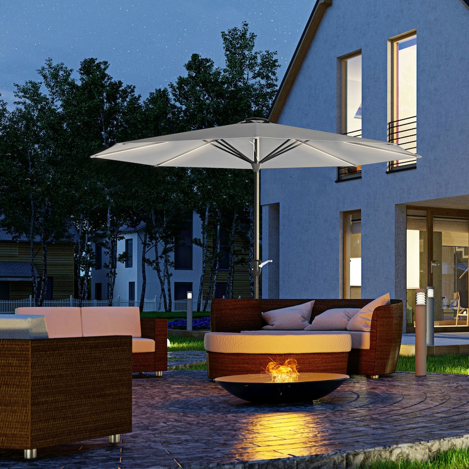 image 1 of Outsunny Solar Patio Garden Parasol with Lights for Outdoor, Light Grey