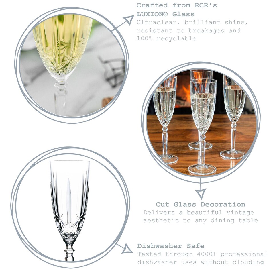 image 1 of RCR Crystal Orchestra Cut Glass Champagne Flutes Glasses Set - 200ml - Pack of 6