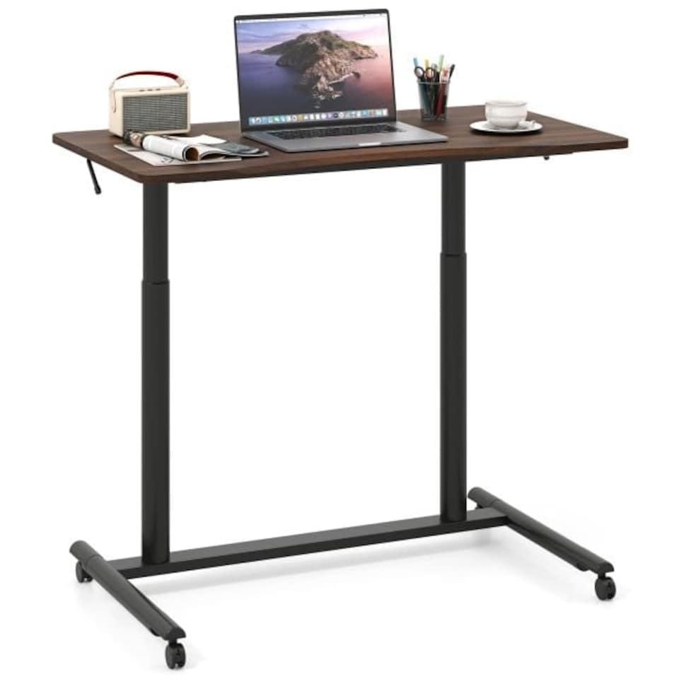 image 1 of COSTWAY Adjustable Height C-Shaped Mobile Standing Desk Brown Brown