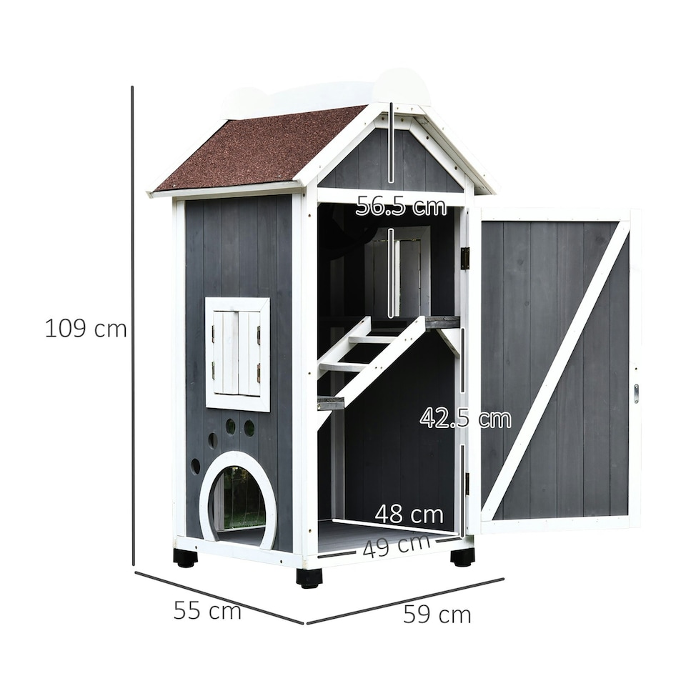 image 1 of PawHut Wooden Cat House Condos Cat Cave 2 Floor Pet Shelter Outdoor Furniture