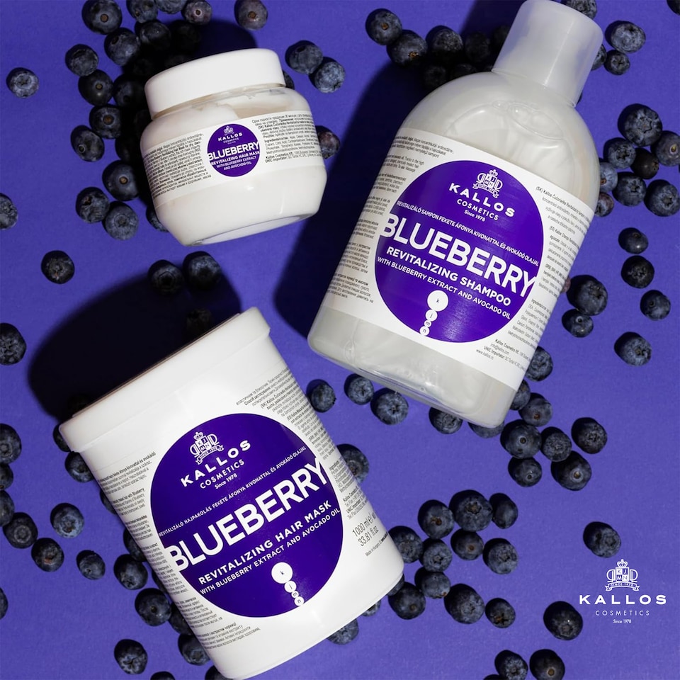image 1 of Kallos KJMN Blueberry Revitalising Hair Mask 1L Deeply hydrating care for dry damaged chemically treated hair enriched avocado oil for shine and nourishment
