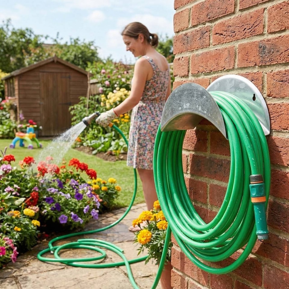 image 1 of URBNLIVING Heavy Duty Wall Mounted Garden Hose Hanger Metal Storage Holder 28cm | Silver | Silver | 1