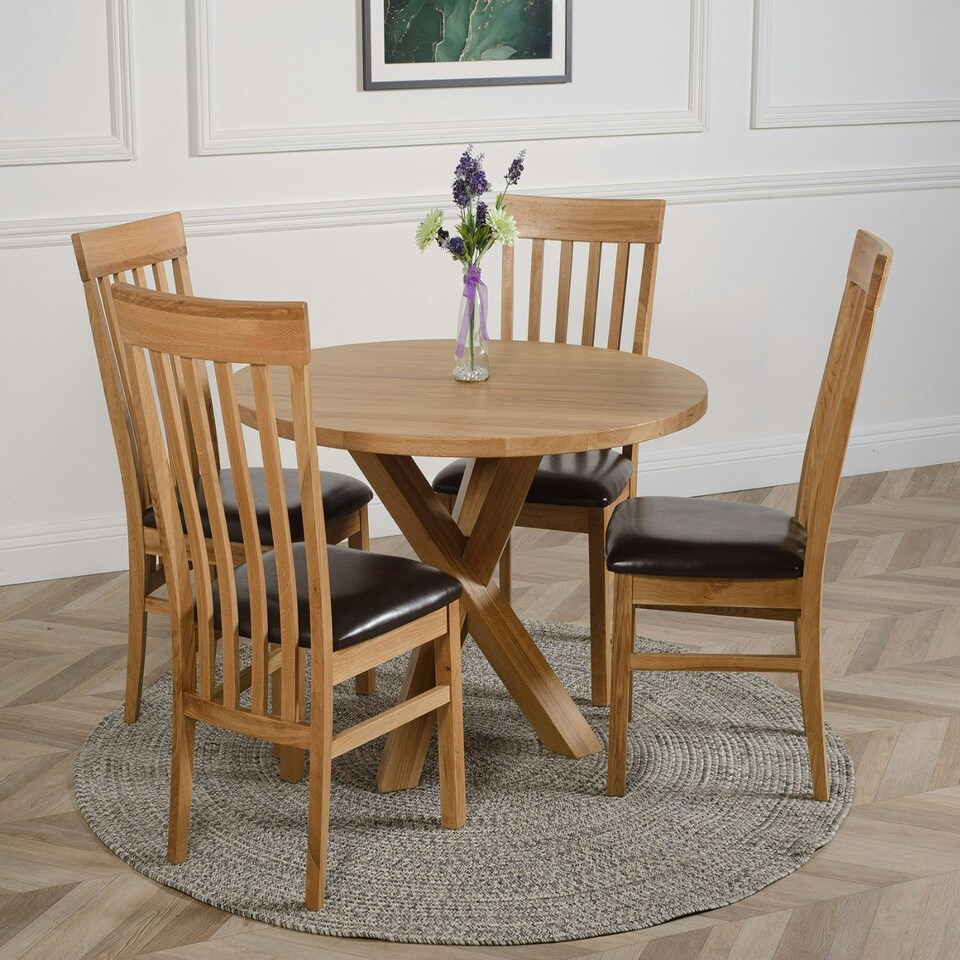 image 1 of Oregon Round Oak Dining Table with 4 Harvard Oak Chairs Brown