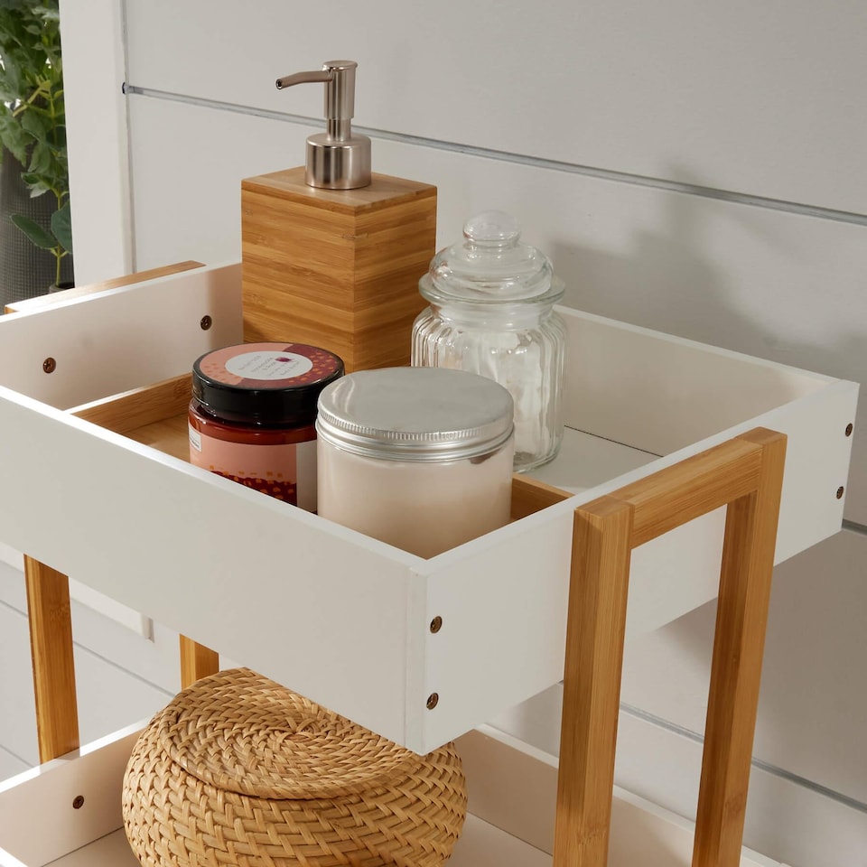 image 1 of Bamboo Storage Trolley White 4 Tier with Wheels Kitchen Bathroom Organiser Unit