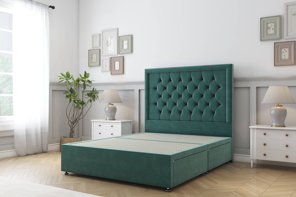 image 1 of Sloomy Montana Emerald Plush Divan Bed Base 2 Drawers Foot-End With 26 Inch Strutted Headboard | Green | Emerald | King | 1