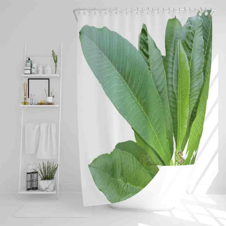 image 1 of Collection Of Green Leaves On White Shower Curtain