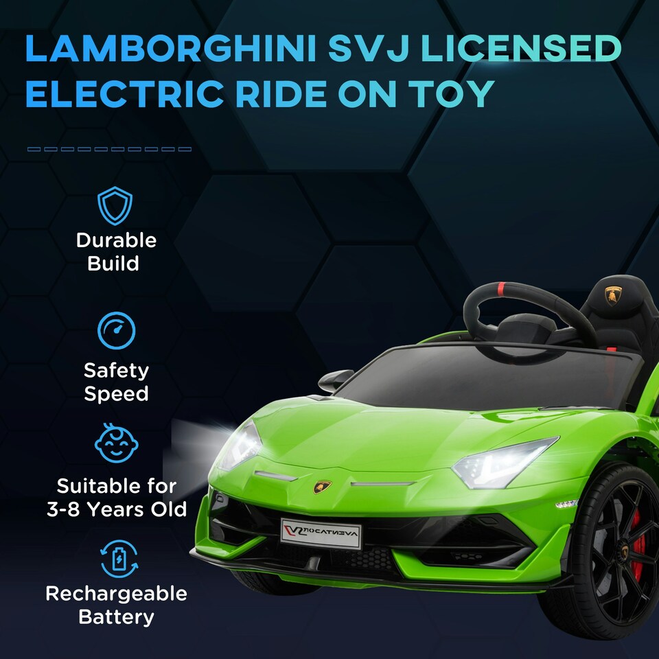 image 1 of HOMCOM Lamborghini SVJ 12V Ride-On Car w/ Lights Music Remote 3-8 Yrs Green