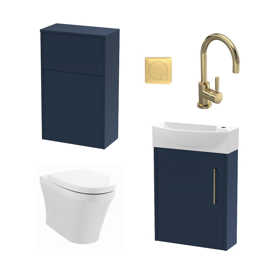 image 1 of Power Cloakroom Bundle - Left Wall Hung Vanity Unit, Concealed Cistern WC Unit, Toilet & Tap, 440mm - Blue/Brass - Balterley Grey