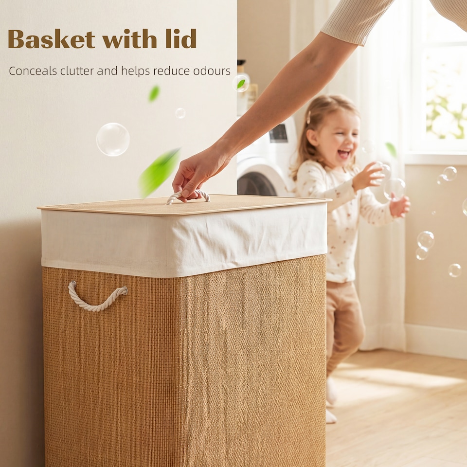 image 1 of HOMCOM 100L Laundry Basket with Lid, Washing Basket for Bathroom, Brown | Brown | Cream White