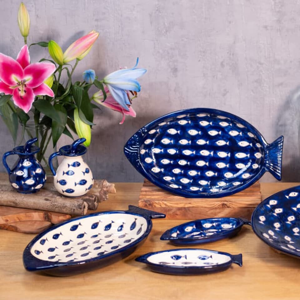 image 1 of Verano Spanish Ceramics Signature Fish Shaped Serving Dish - 41cm Blue