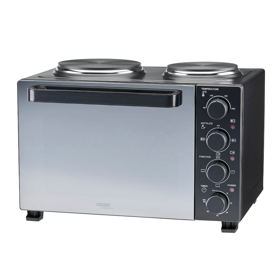 image 1 of Cooks Professional 28L Mini Oven with 2 Hobs - Electric Multifunction Countertop Cooker | Black | Black Contemporary