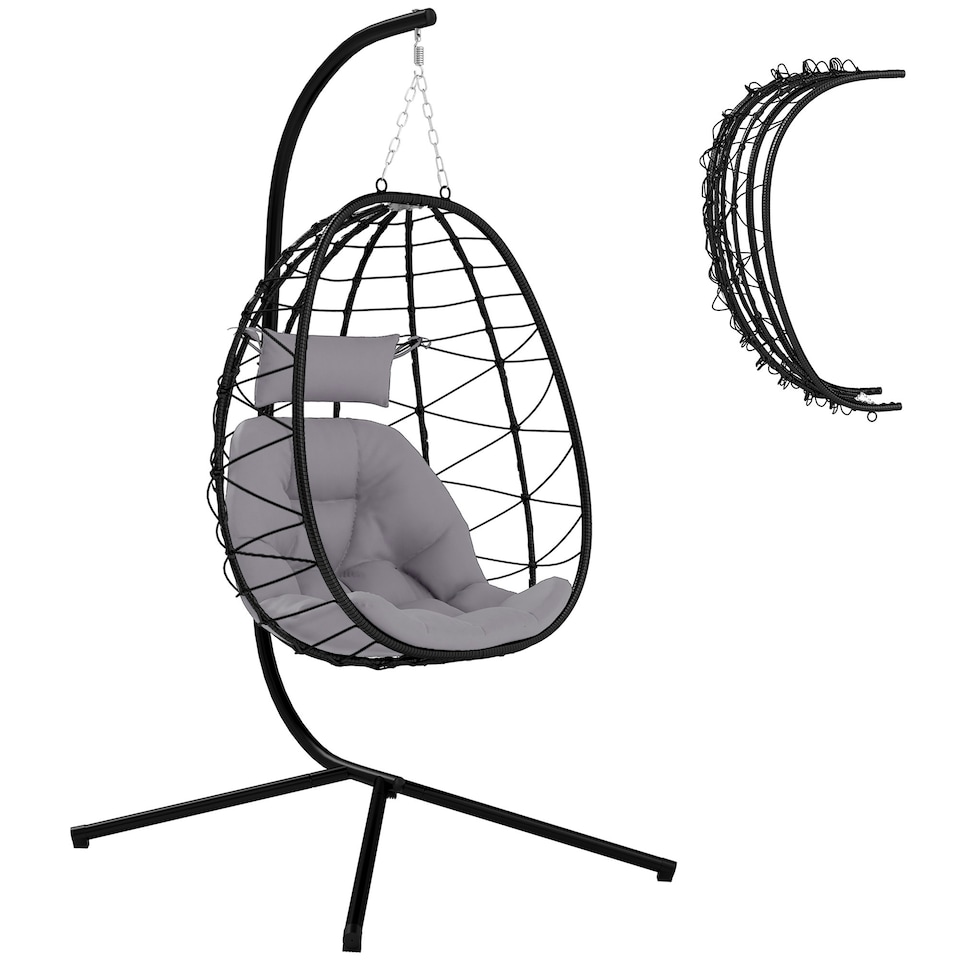 image 1 of Outsunny Garden Egg Chair Outdoor Hanging Swing Chair, Folding Basket, Grey