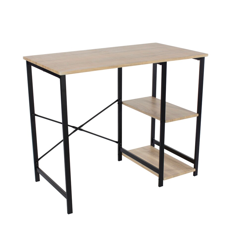 image 1 of Loft Home Office, Study Desk With Side Storage, Oak Effect Top With Black Metal Legs Brown