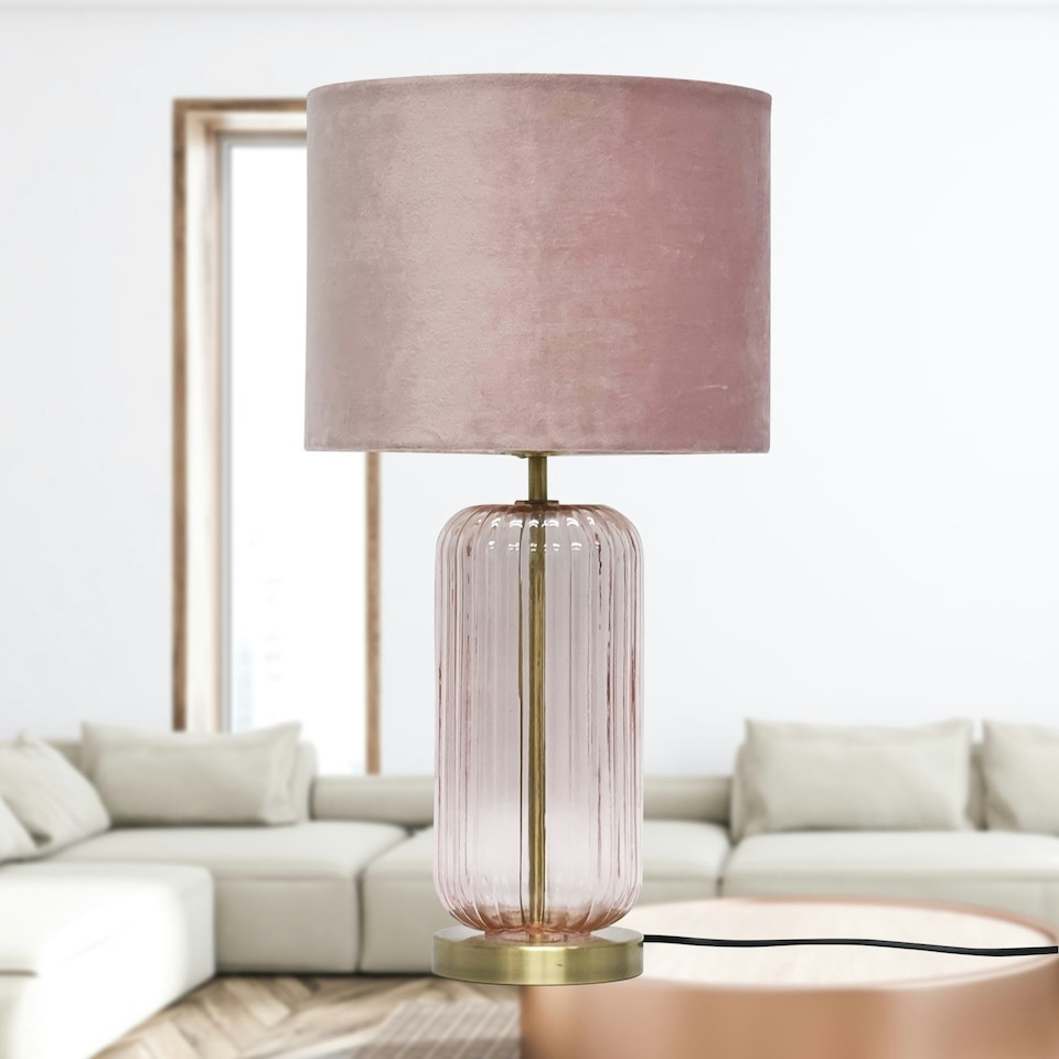 image 1 of First Choice Lighting Set of 2 Walpole Blush Glass and Antique Brass 49cm Table Lamps with Pink Velvet Shade Bronze | Pink