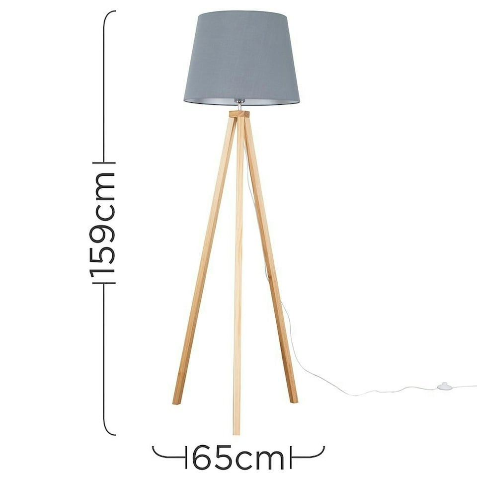image 1 of ValueLights Barbro Wood Tripod Floor Lamp Grey Taper Shade & Bulb