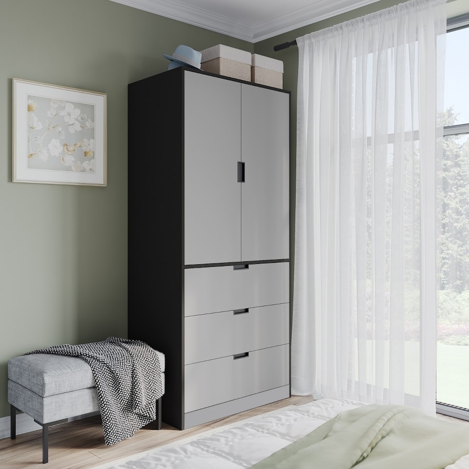 image 1 of 2 Door 3 Drawer Wardrobe with Hanging Rail - Modern Bedroom Storage Furniture | Black | Black with Grey Doors | 1