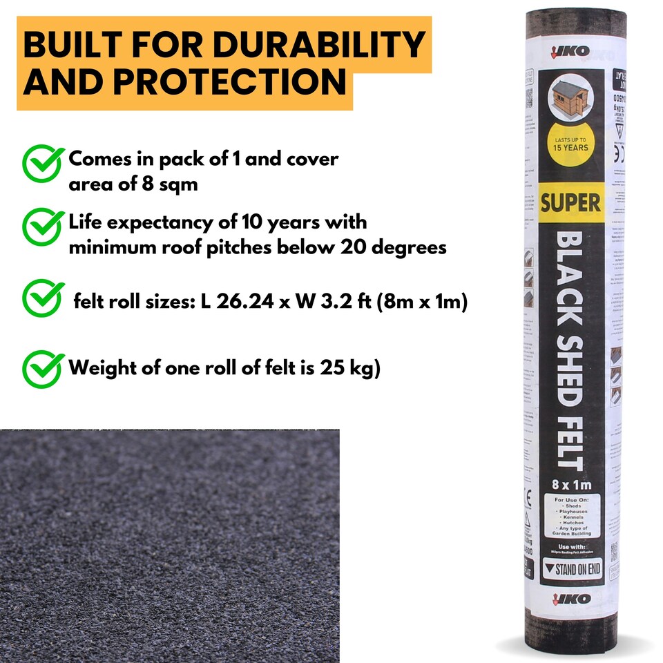 image 1 of NOVECRAFTO Polyester Shed Roofing Felt – Heavy-Duty Weatherproof Roof Felt Roll for Summerhouses, Sheds & Kennels – Premium Long-Life Roof Covering Black | 8m x 1m