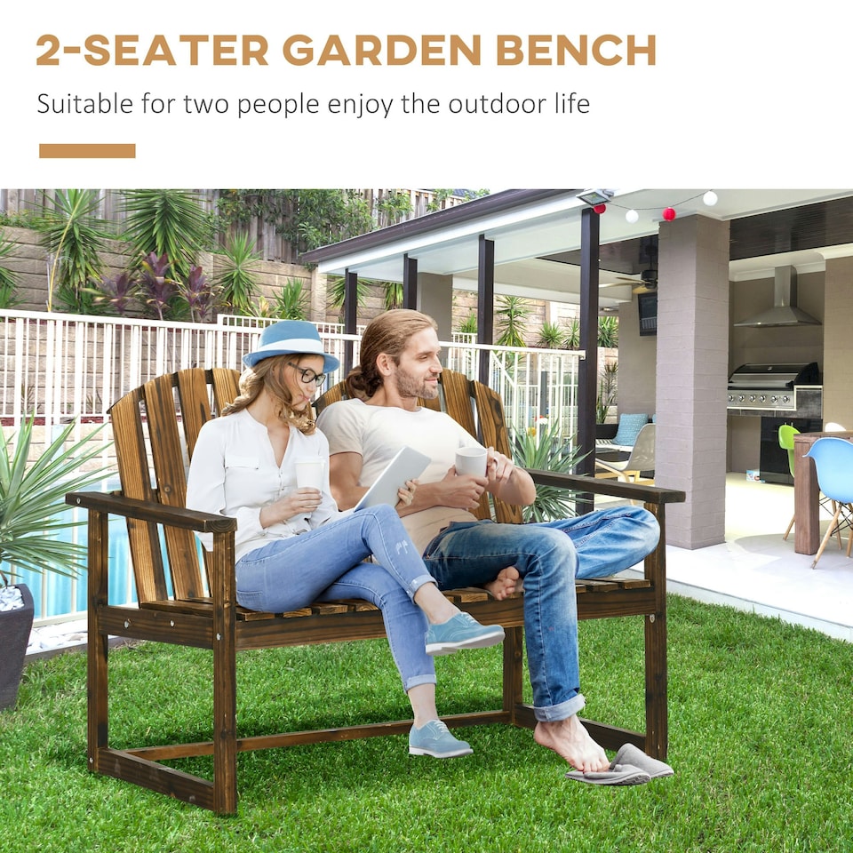image 1 of Outsunny Wooden Bench for Two People, Patio Loveseat Chair w/ Slatted Backrest