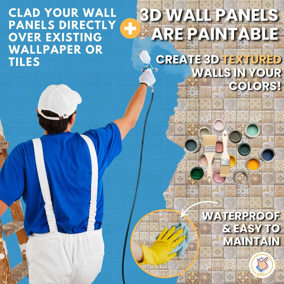 image 1 of NOVECRAFTO 3D Mediterranean Wall Panels – 6 PVC Sheets, Covers 2.76 sqm (29.76 sq ft), 96x48cm Each – Brown & Beige Tile Pattern Decorative Cladding