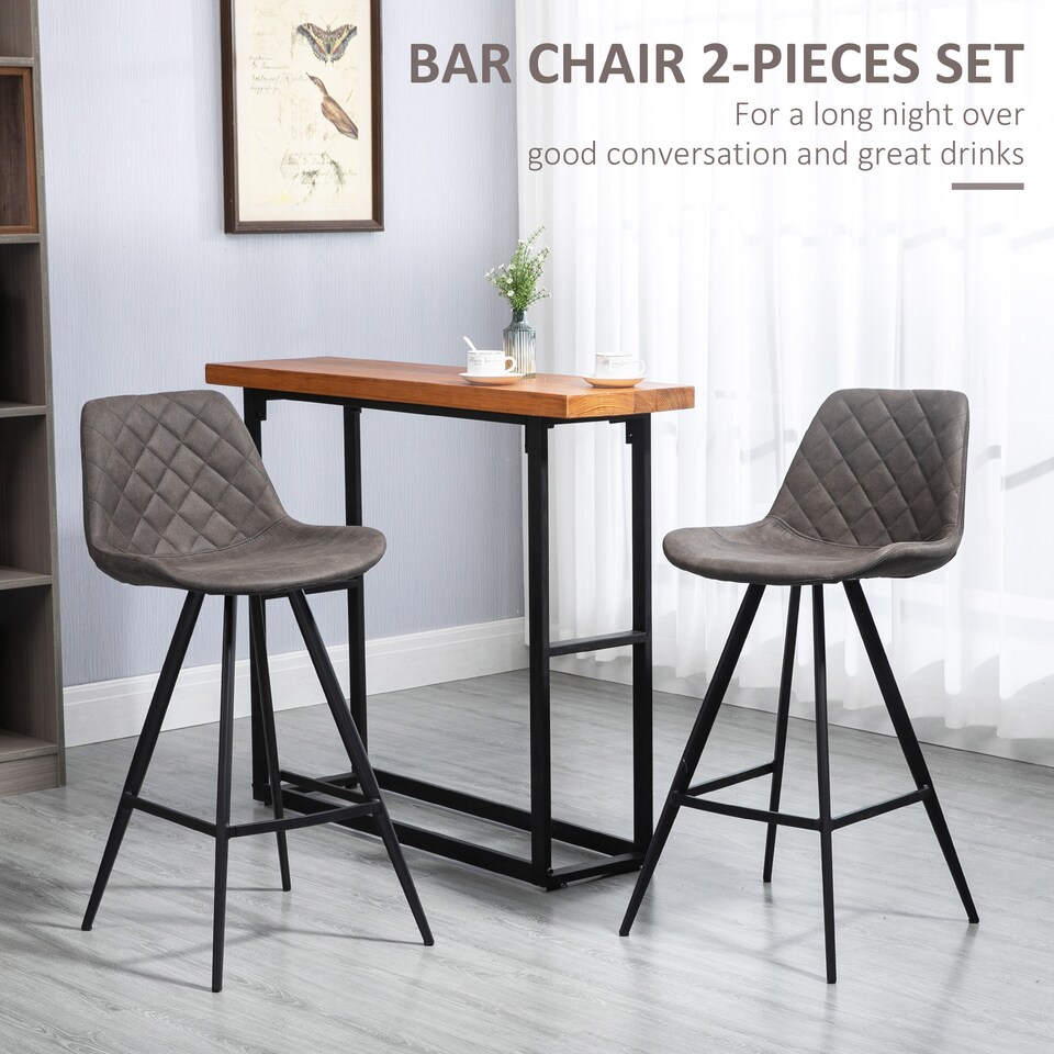 image 1 of HOMCOM Set Of 2 Bar Stools Vintage Microfiber Cloth Tub Seats Padded Comfortable Steel Frame Footrest Quilted Home Bar Cafe Kitchen Chair Stylish Dark Grey