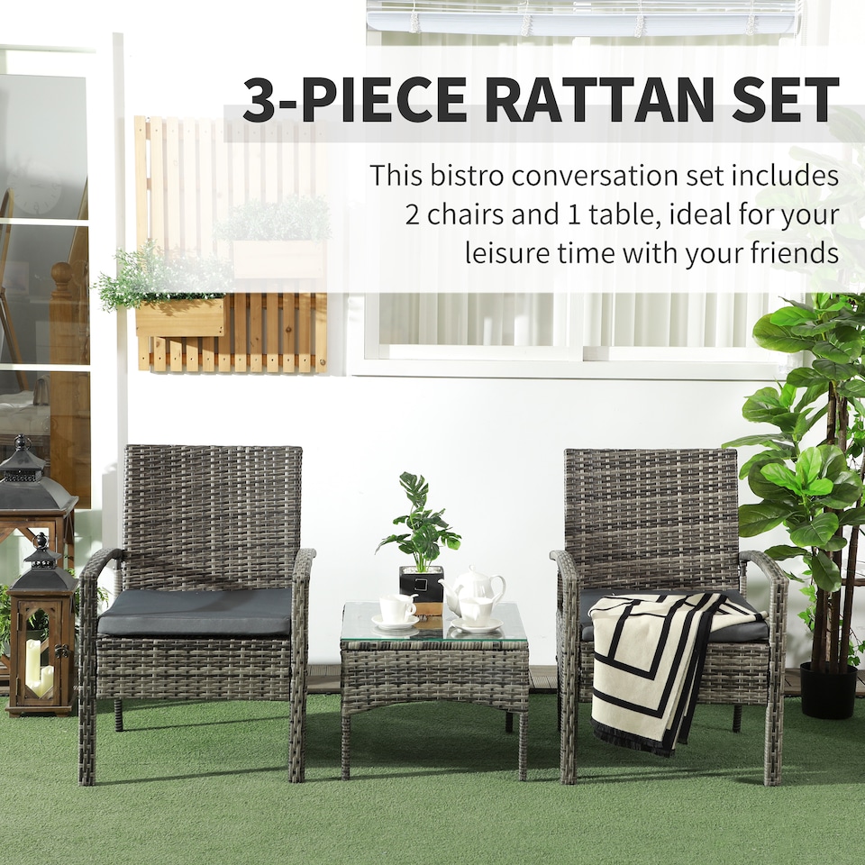 image 1 of Outsunny 3PC Garden Rattan Bistro Set with Glass Top Table, Mixed Grey