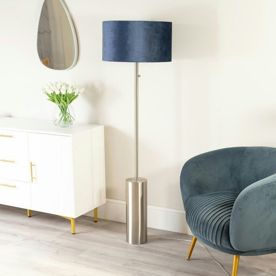 image 1 of ValueLights Lexy Navy Blue Velvet Drum Shade with Brushed Chrome Dimmable Floor Lamp with LED Bulb