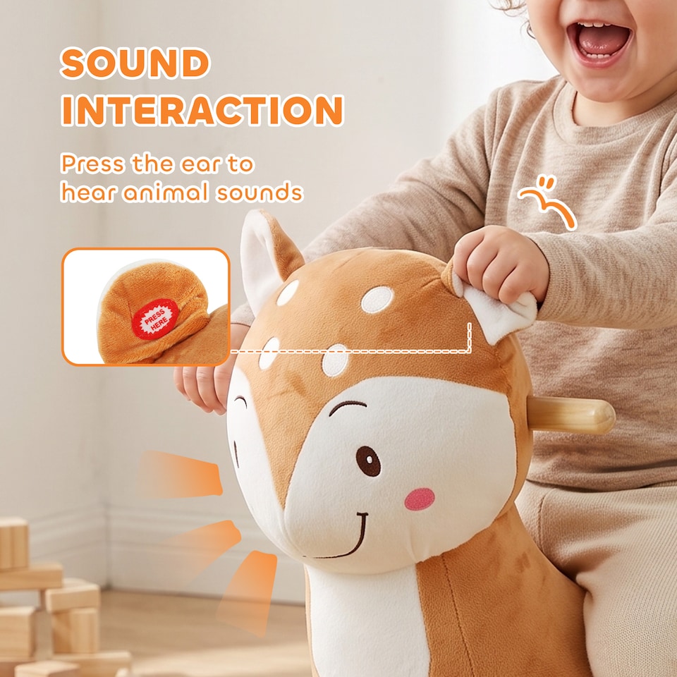 image 1 of AIYAPLAY Rocking Horse, Ride on Horse Deer Design with Animal Sounds, Brown