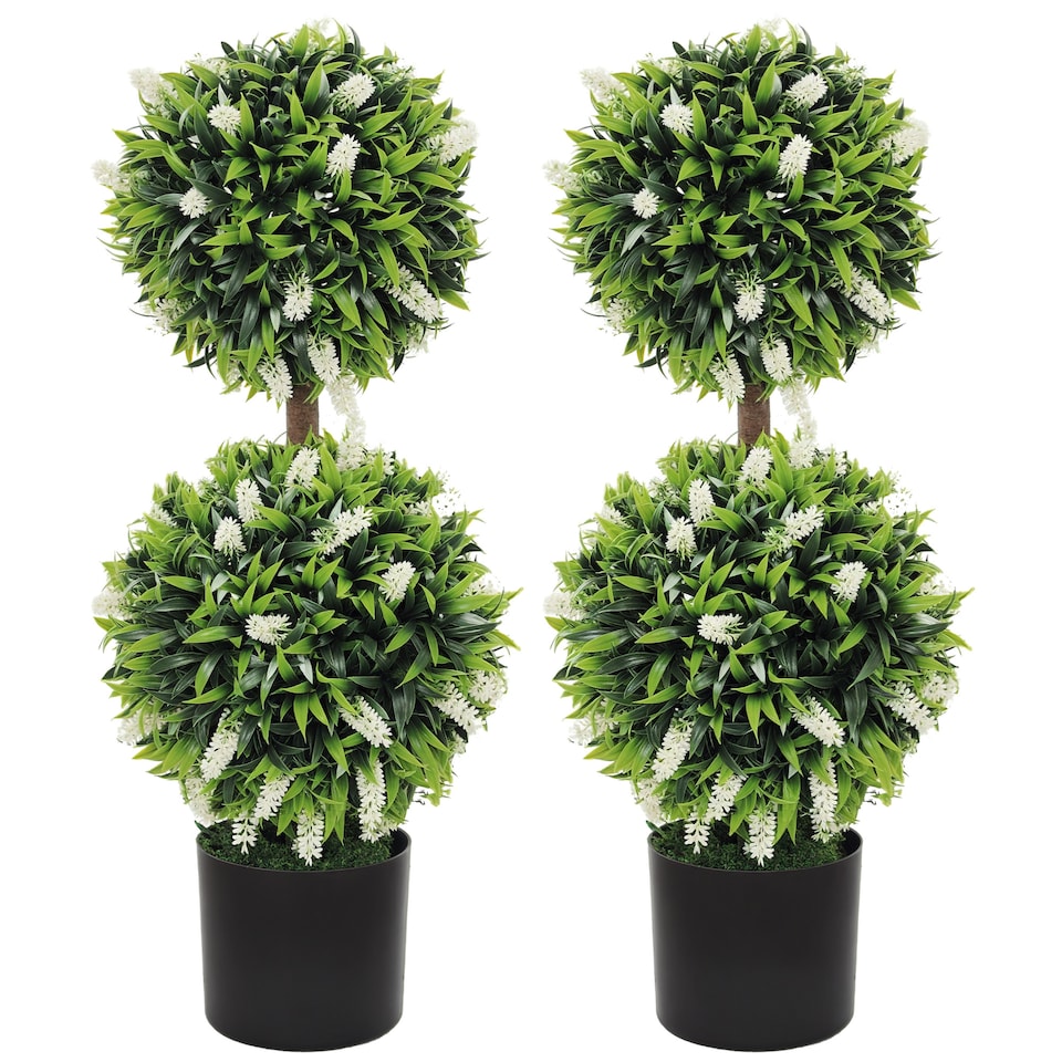 image 1 of HOMCOM Set of 2 Decorative Artificial Plants Ball Trees with Lavender Flowers in Pot Fake Plants for Home Indoor Outdoor Decor, 70cm, White