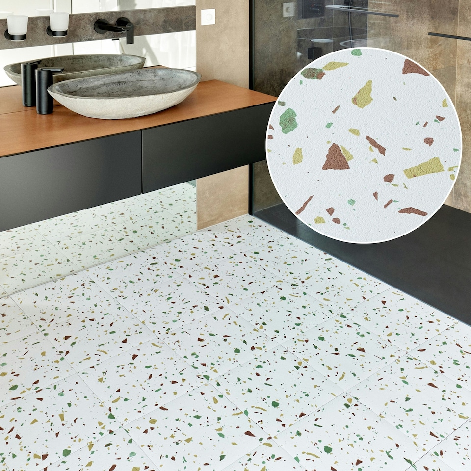 image 1 of NOVECRAFTO Vinyl Floor Tiles Self Adhesive – 12x12in Peel and Stick Flooring for Kitchen, Bathroom & Living Room – White Terrazzo Look with Flecks White | 2.79 sqm