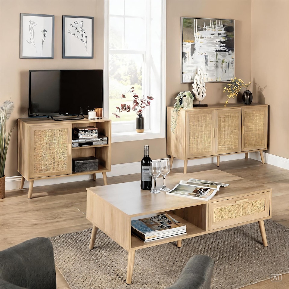 image 1 of Coffee Table Rattan Front Drawer Open Shelf Solid Wooden Legs Home Living Room