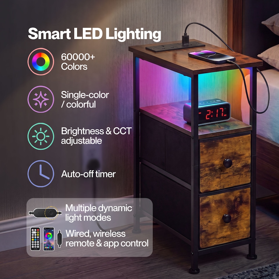 image 1 of Levede Bedside Table Narrow Side Table with LED Charging Station Storage Brown