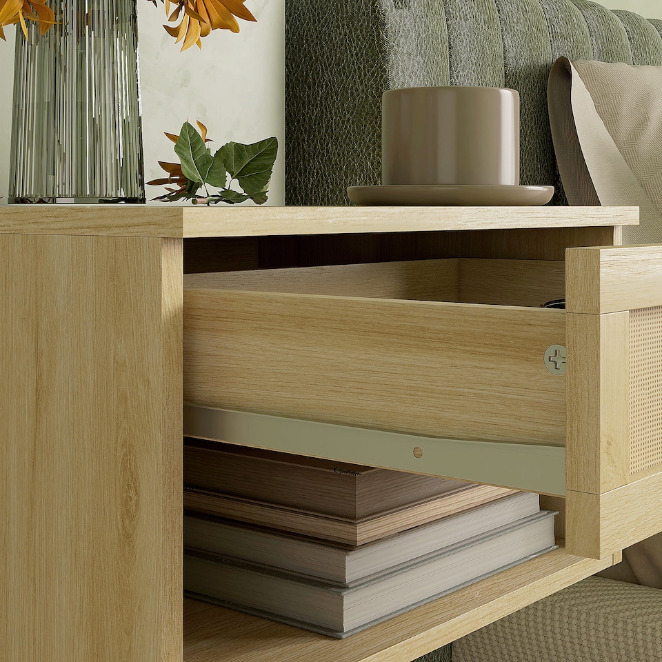 image 1 of HOMCOM Floating Bedside Tables, Nordic Nightstands Set of 2 with Rattan Drawer and Open Shelf for Bedroom, Nature Wood Finish