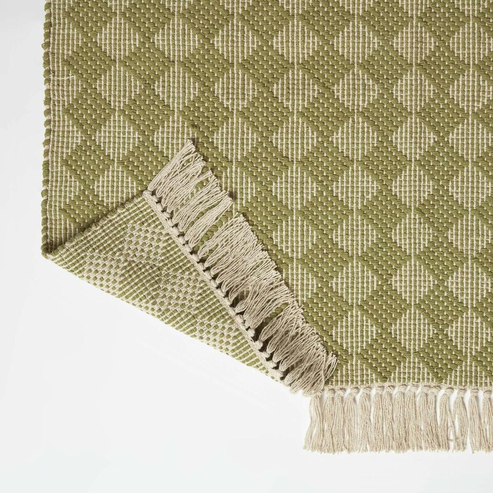 image 1 of Homescapes Lima Handwoven Green Cotton Textured Rug - 90 x 150 cm | Green | Ochre Green