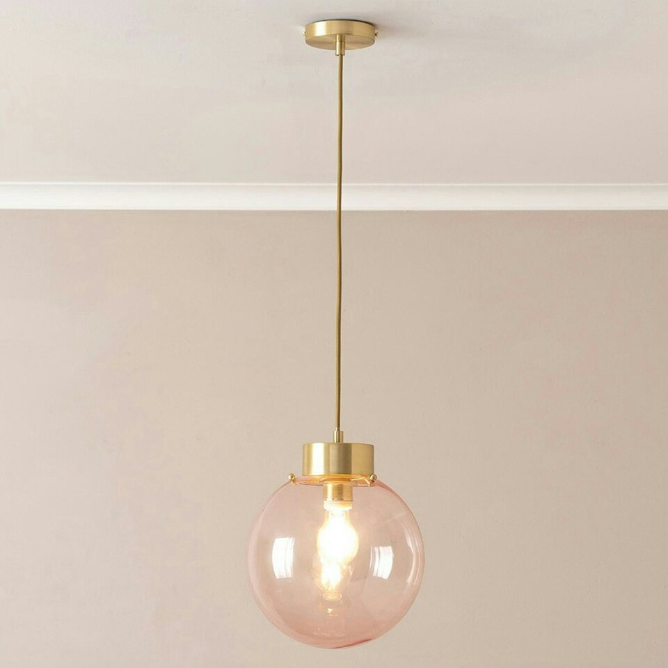 image 1 of ValueLights Frenchie Pink Glass Globe Brushed Gold Capped Ceiling Pendant Light with Bulb Gold