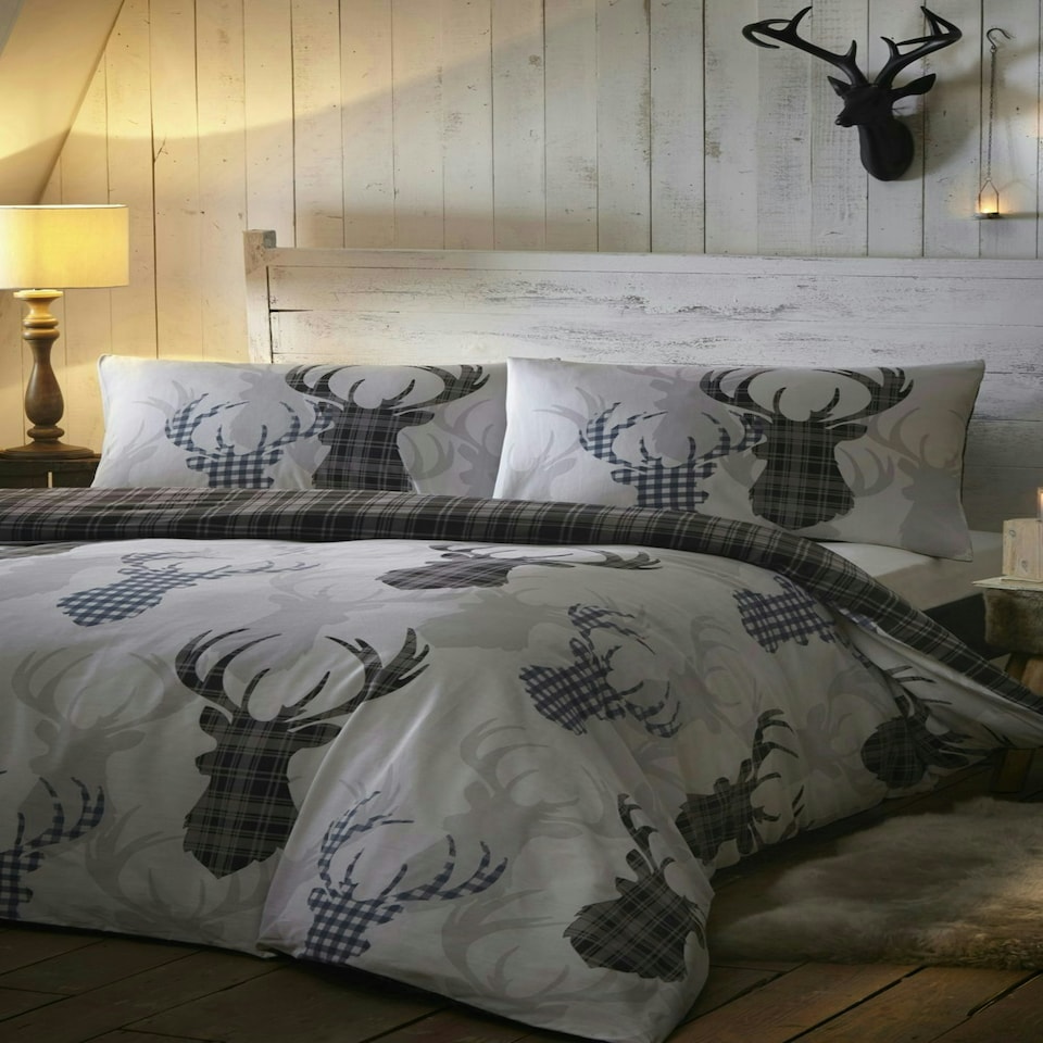 image 1 of Tartan Stag Print Duvet Cover Set - Single - Grey | Multi | Single