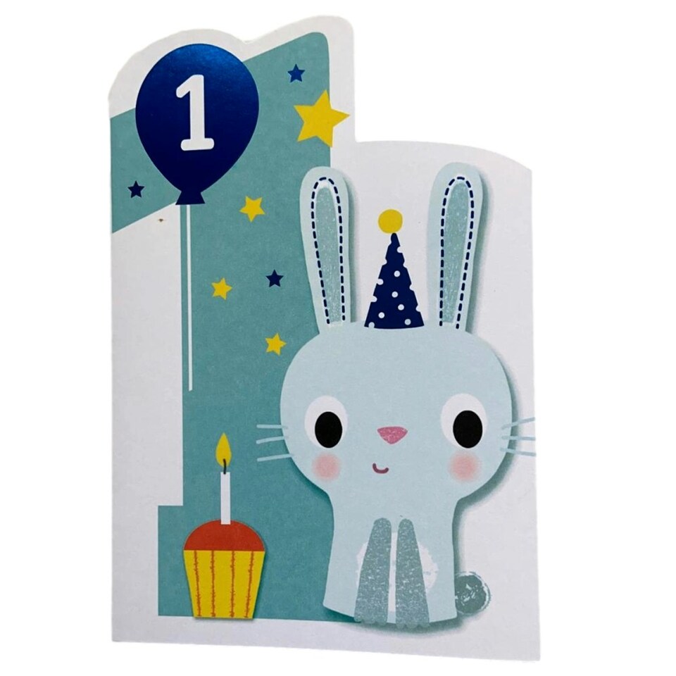 image 1 of Age 1 Cute Bunny Die Cut Design Boy First Birthday Card