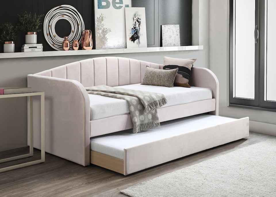 image 1 of Pink Day Bed,Sofabed,Guest Trundle Fabric Upholstered Velour, Bed Frame | Pink | Single