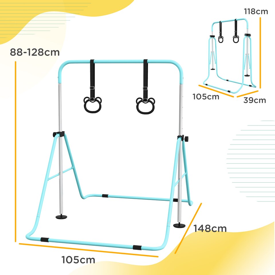 image 1 of HOMCOM Adjustable Height Foldable Kids Gymnastics Bar, Green