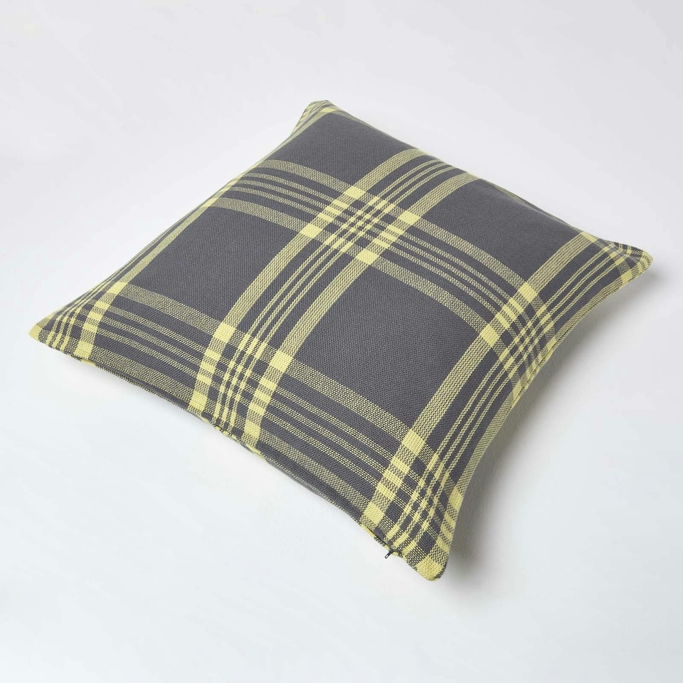 image 1 of Homescapes Grey & Yellow Tartan Pattern Cushion Cover - 60 x 60 cm | Grey | Grey & Yellow | 60 x 60 cm