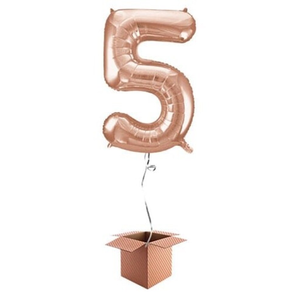 Rose Gold Number 5 Helium Foil Giant Balloon - Inflated Balloon in a Box