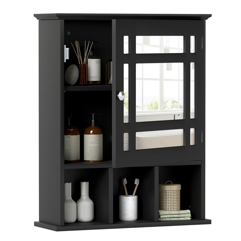 image 1 of COSTWAY Bathroom Wall Storage Cabinet Medicine Organizer Black Black