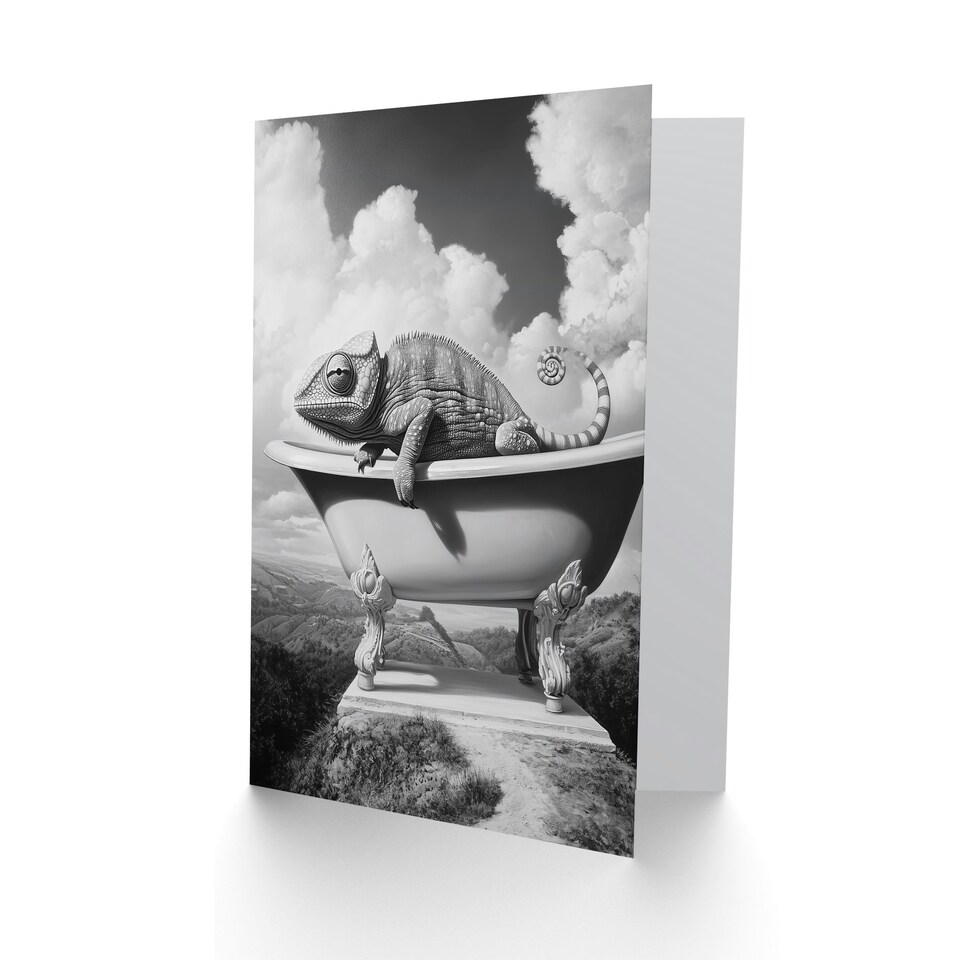 image 1 of Large Chameleon in Bathtub Black White Surreal Birthday Greeting Card